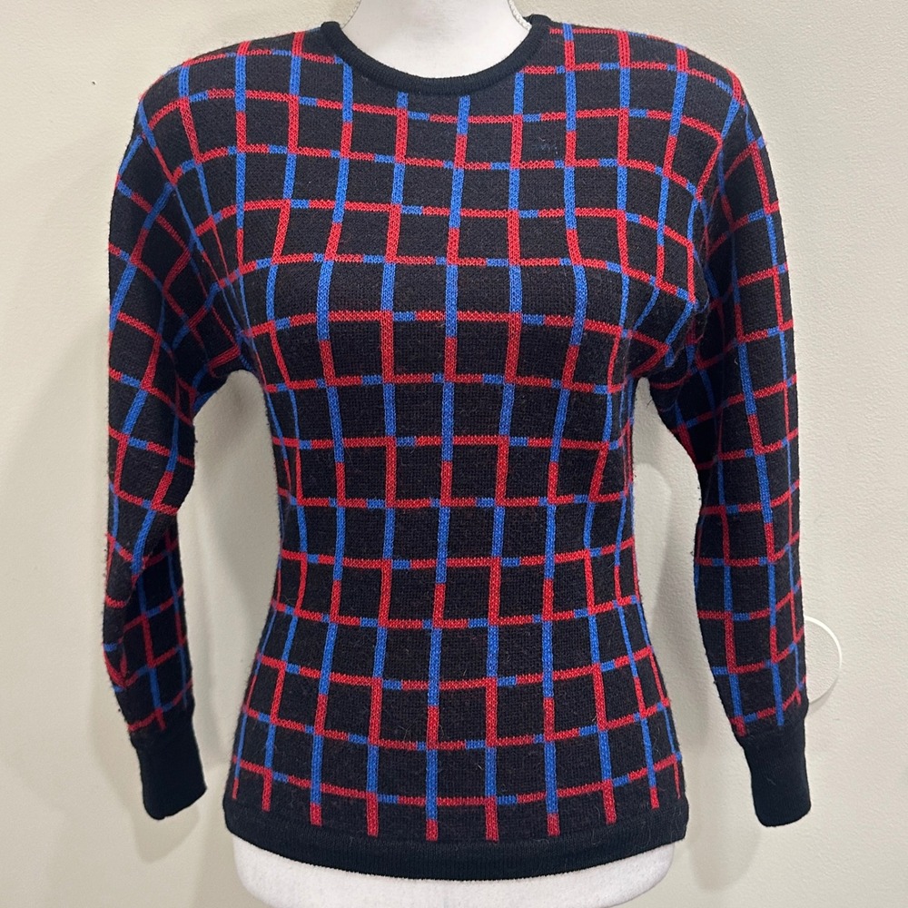 VTG 80s JH Collectibles Wool Sweater Black Red Blue Geometric Retro Mod Small